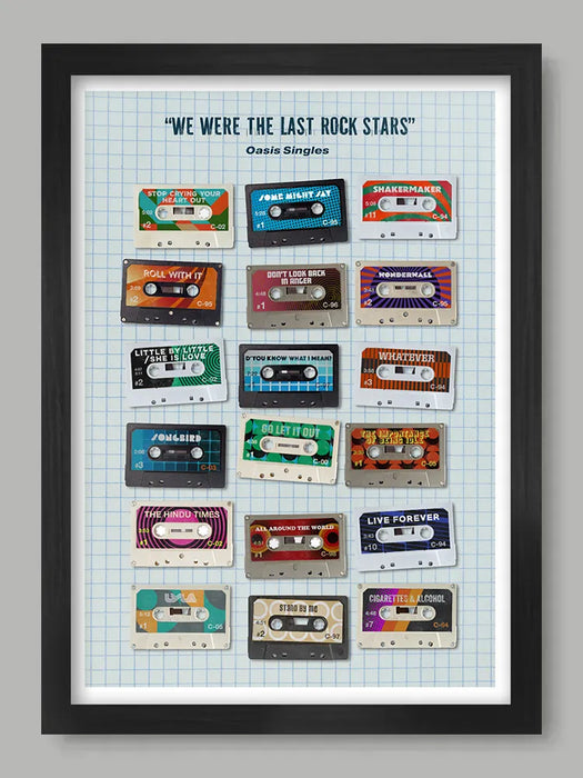 Oasis - We Were the Last of the Rock Stars - Music Poster print features Oasis singles in retro cassette style and features the year of release, running time and their British chart position. The title comes from a Noel Gallagher quote.