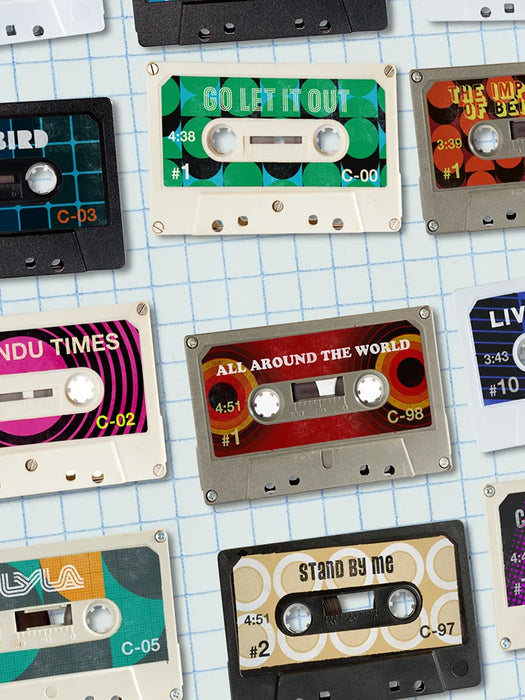 Oasis - We Were the Last of the Rock Stars - Music Poster print features Oasis singles in retro cassette style and features the year of release, running time and their British chart position. The title comes from a Noel Gallagher quote.