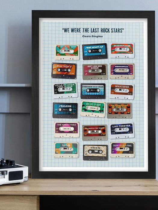 Oasis - We Were the Last of the Rock Stars - Music Poster print features Oasis singles in retro cassette style and features the year of release, running time and their British chart position. The title comes from a Noel Gallagher quote.