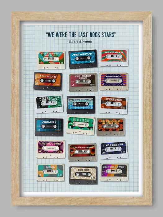 Oasis - We Were the Last of the Rock Stars - Music Poster print features Oasis singles in retro cassette style and features the year of release, running time and their British chart position. The title comes from a Noel Gallagher quote.