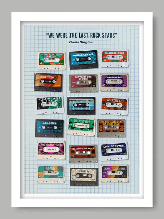 Oasis - We Were the Last of the Rock Stars - Music Poster print features Oasis singles in retro cassette style and features the year of release, running time and their British chart position. The title comes from a Noel Gallagher quote.