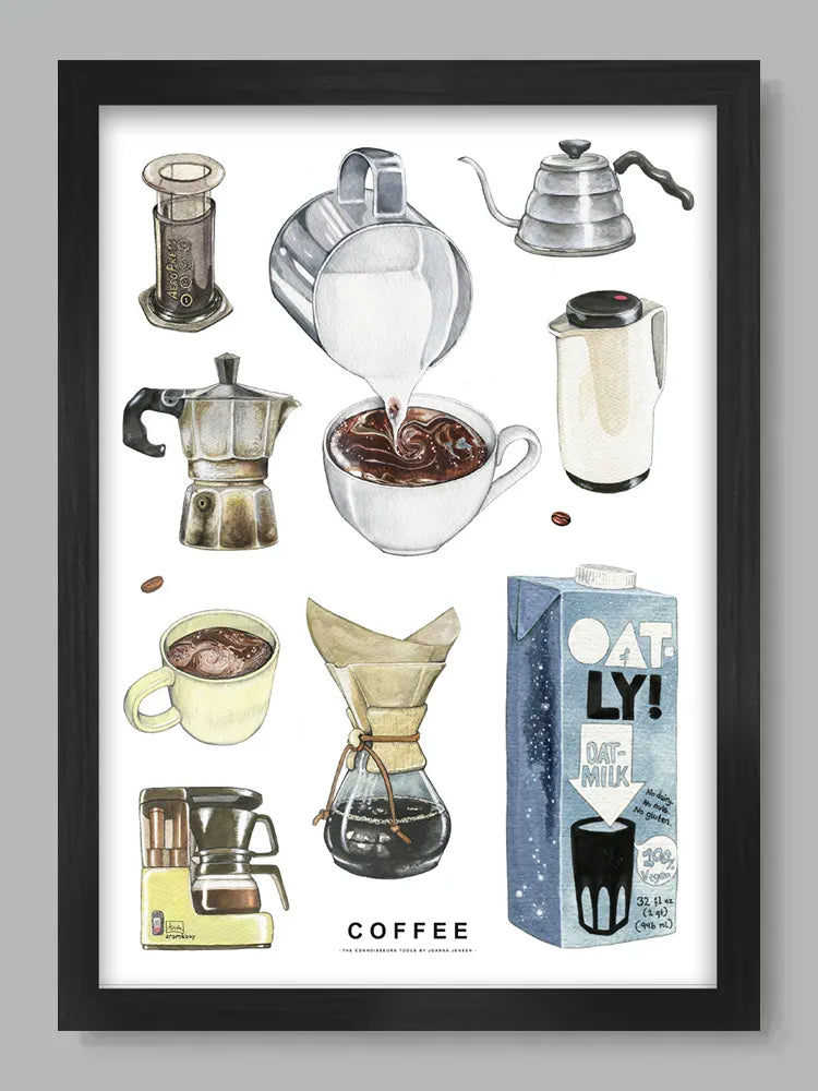 Framed poster of coffee-making equipment and Oatly milk carton on a white background
