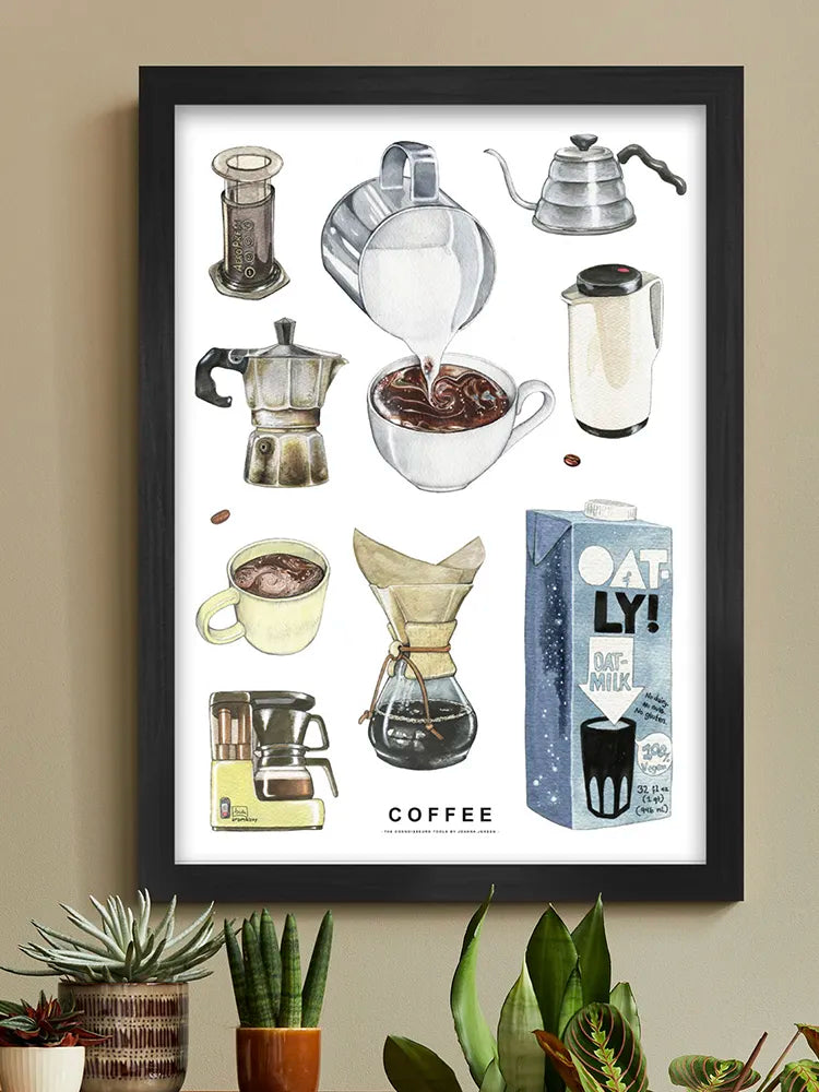 Framed poster of coffee-making equipment and Oatly milk carton on a beige wall with plants below.