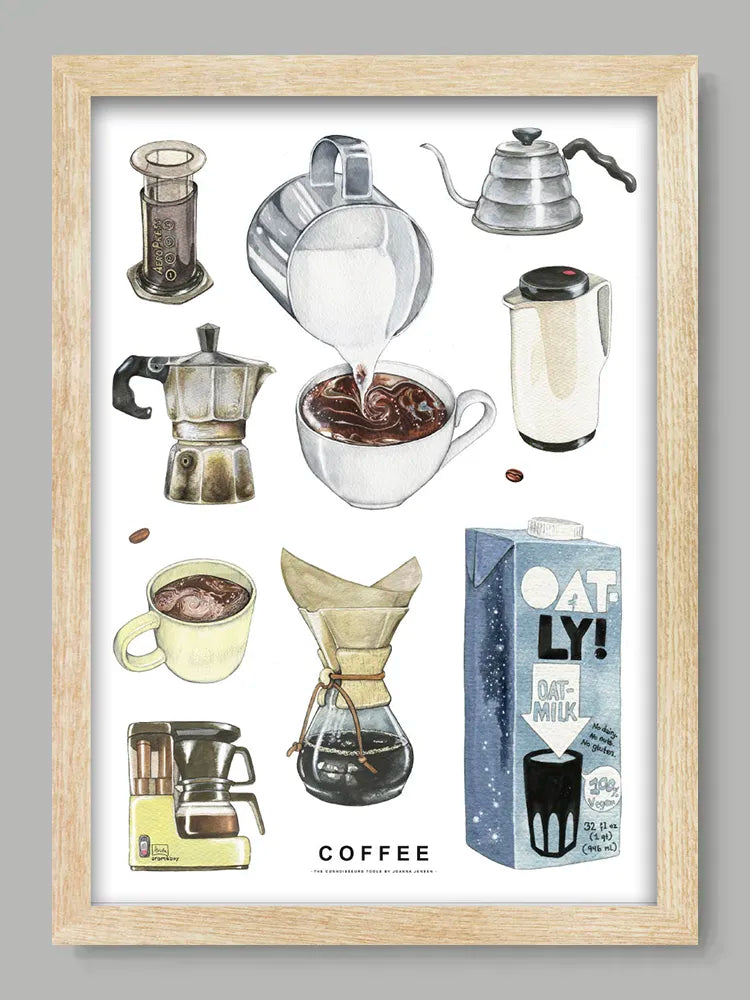 Illustration of coffee-making equipment and Oatly milk carton in a wooden frame.