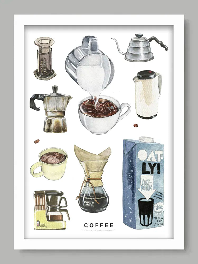 Illustration of coffee-making equipment and Oatly milk carton on a white background