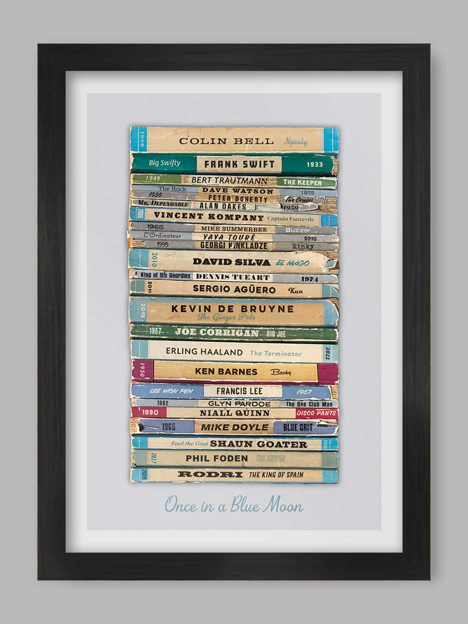 Once in a Blue Moon - Manchester City poster print celebrates some of the great names in the club's history. Styled on the classic mid=century Penguin book designs