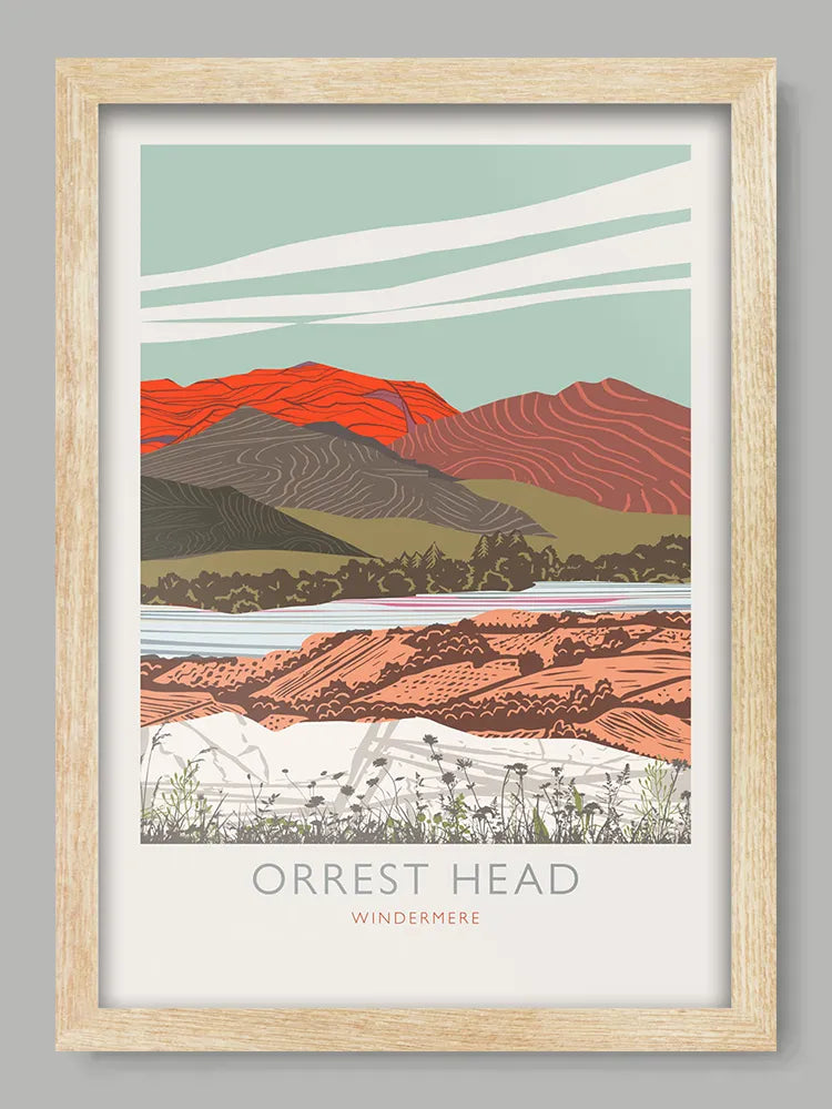 Our Orrest Head poster print design celebrates this hill which can be found on the eastern shores of Windermere. Orrest Head is the subject of a chapter in Wainwright's The Outlying Fells of Lakeland, and the first fell he climbed, making it a popular walk for visitors to the area.