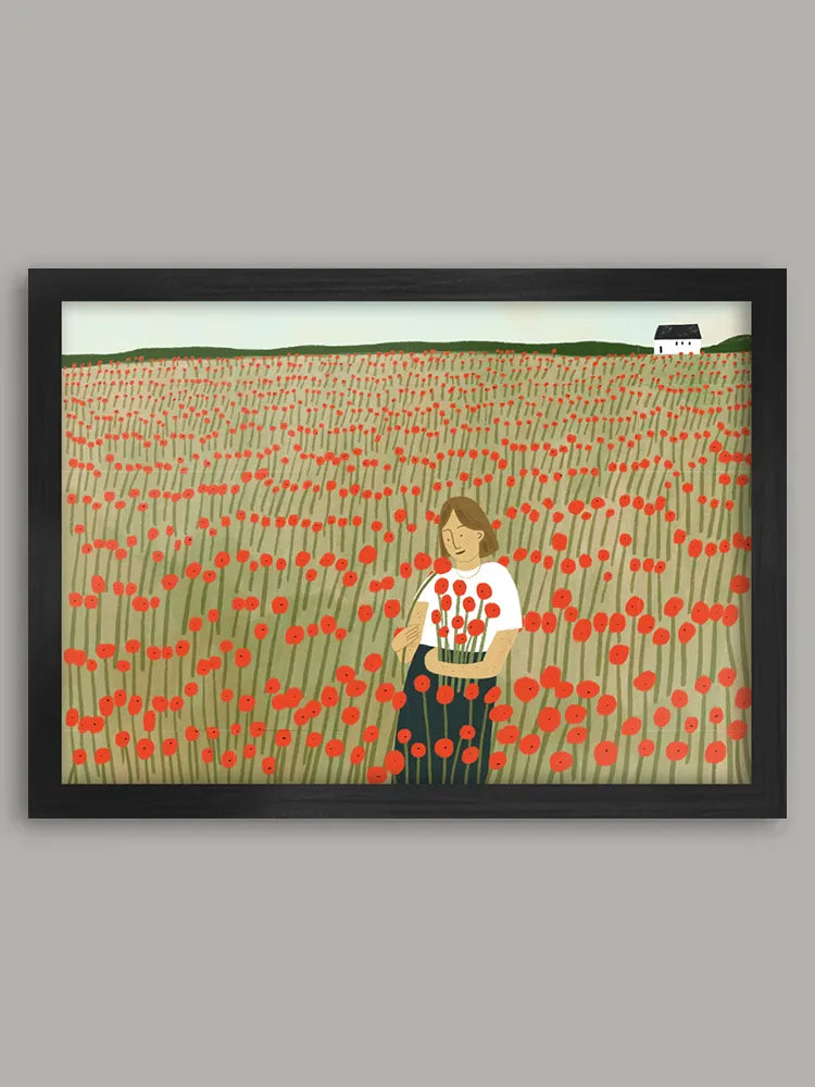 Framed artwork of a person standing in a field of red flowers on a gray background