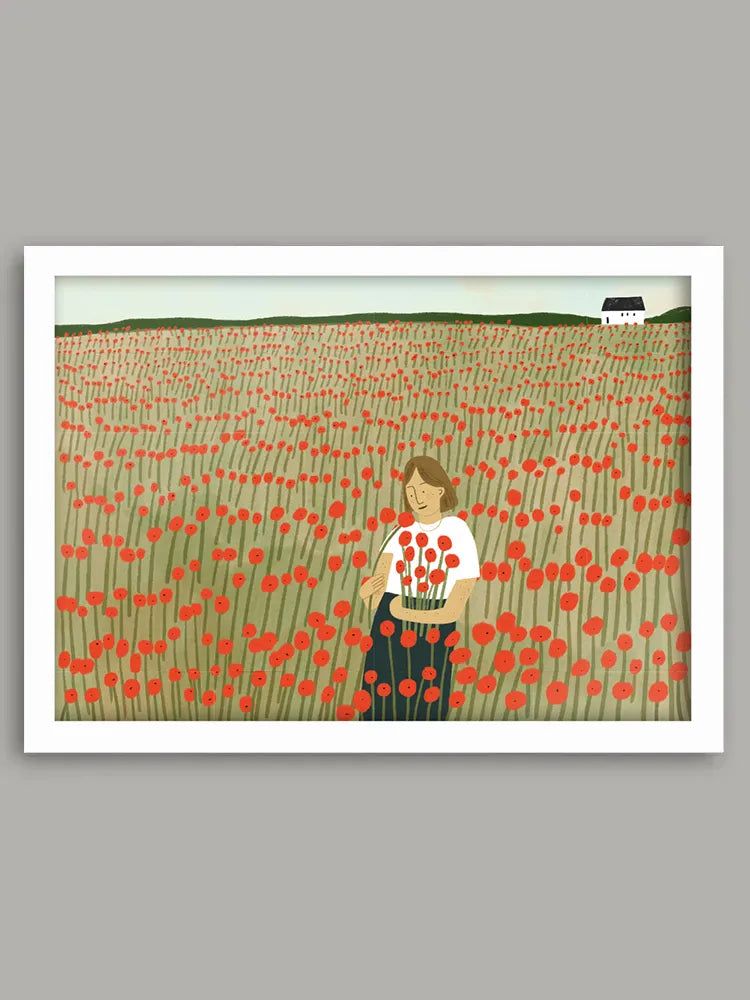 poppy field with white cottage poster