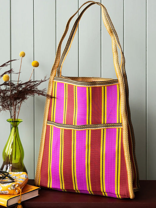 pink stripe woven shopper