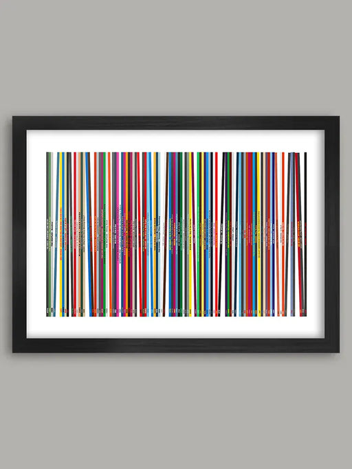 Our Record Collection Music Poster Print is based on vinyl album spines. This abstract design delves into a fantasy record collection covering a wide variety of genres and delving into the list from the book, '1,001 albums You Must Hear Before You Die'.