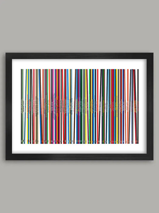 Our Record Collection Music Poster Print is based on vinyl album spines. This abstract design delves into a fantasy record collection covering a wide variety of genres and delving into the list from the book, '1,001 albums You Must Hear Before You Die'.