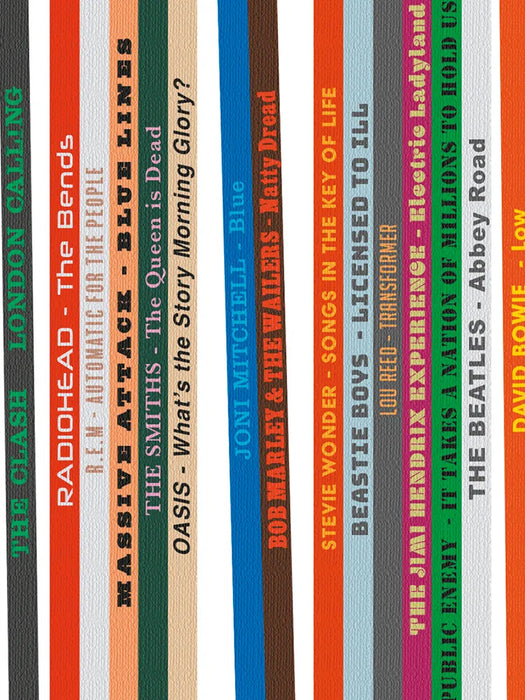 Our Record Collection Music Poster Print is based on vinyl album spines. This abstract design delves into a fantasy record collection covering a wide variety of genres and delving into the list from the book, '1,001 albums You Must Hear Before You Die'.