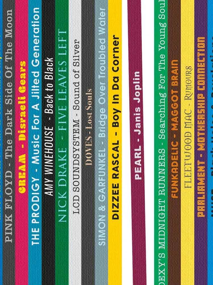 Our Record Collection Music Poster Print is based on vinyl album spines. This abstract design delves into a fantasy record collection covering a wide variety of genres and delving into the list from the book, '1,001 albums You Must Hear Before You Die'.