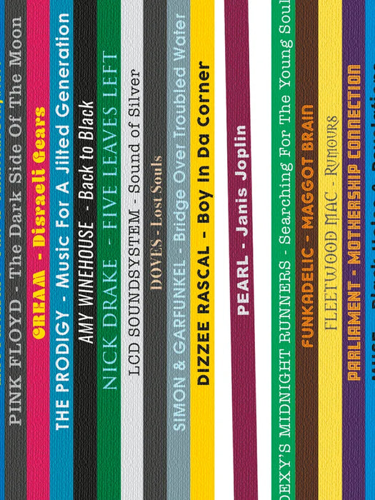 Our Record Collection Music Poster Print is based on vinyl album spines. This abstract design delves into a fantasy record collection covering a wide variety of genres and delving into the list from the book, '1,001 albums You Must Hear Before You Die'.