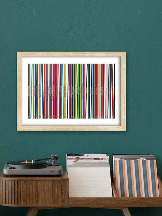 Our Record Collection Music Poster Print is based on vinyl album spines. This abstract design delves into a fantasy record collection covering a wide variety of genres and delving into the list from the book, '1,001 albums You Must Hear Before You Die'.