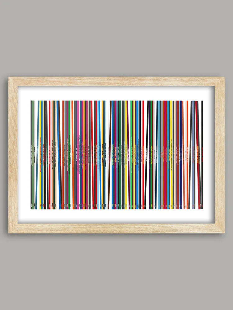 Our Record Collection Music Poster Print is based on vinyl album spines. This abstract design delves into a fantasy record collection covering a wide variety of genres and delving into the list from the book, '1,001 albums You Must Hear Before You Die'.