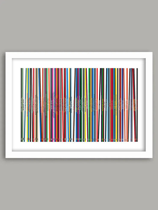 Our Record Collection Music Poster Print is based on vinyl album spines. This abstract design delves into a fantasy record collection covering a wide variety of genres and delving into the list from the book, '1,001 albums You Must Hear Before You Die'.