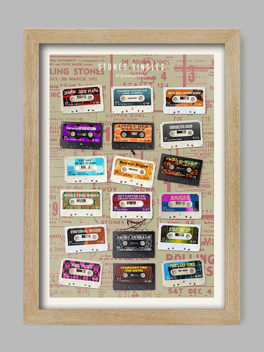Rolling Stones Tapes - Cassette Music Poster Print celebrates some of the great singles released by The Stones