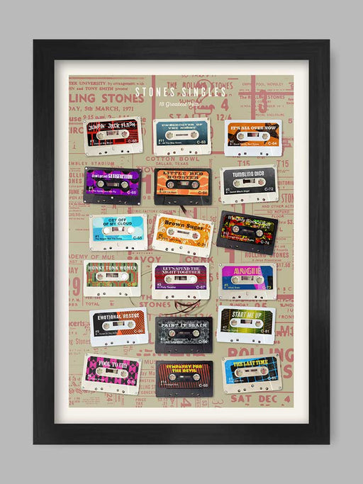Rolling Stones Tapes - Cassette Music Poster Print celebrates some of the great singles released by The Stones