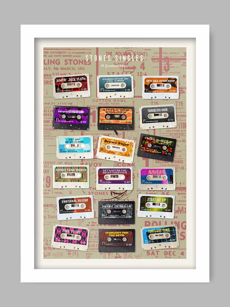 Rolling Stones Tapes - Cassette Music Poster Print celebrates some of the great singles released by The Stones