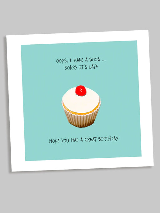 Card with a cupcake illustration and humorous text on a light blue background