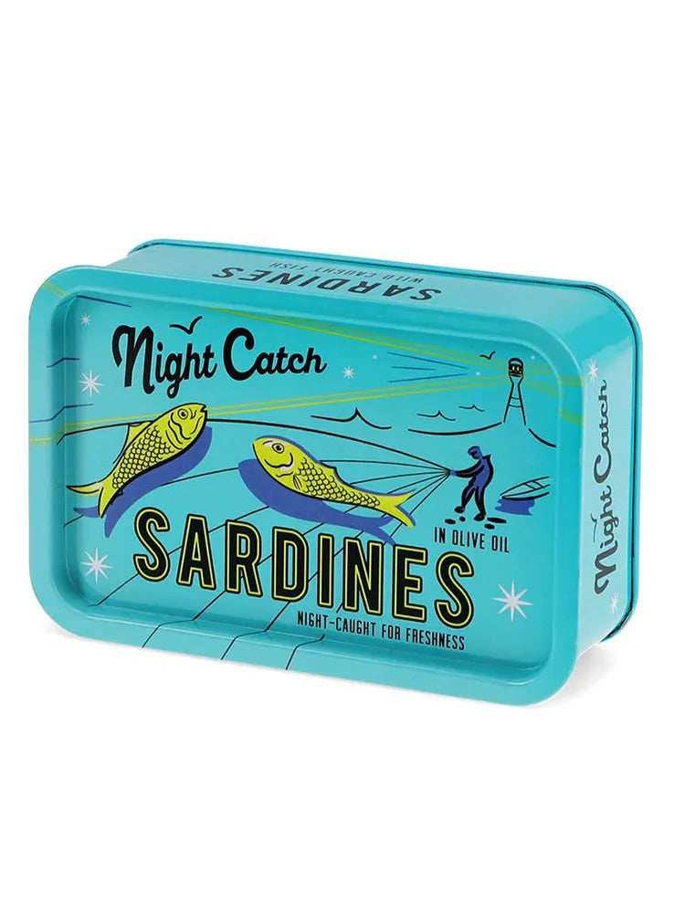 Sardines tin with blue lid and fish illustrations on a white background