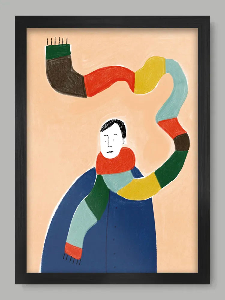 Framed artwork of a stylized figure wearing a colorful scarf on a beige background