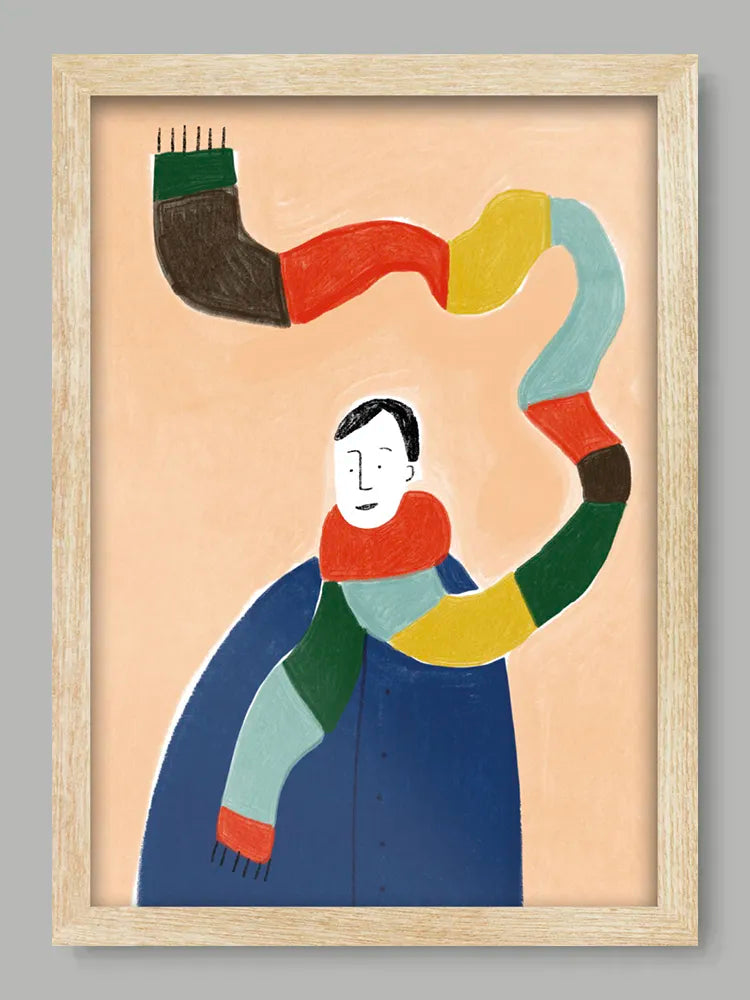 Framed abstract artwork with a colorful figure on a beige background