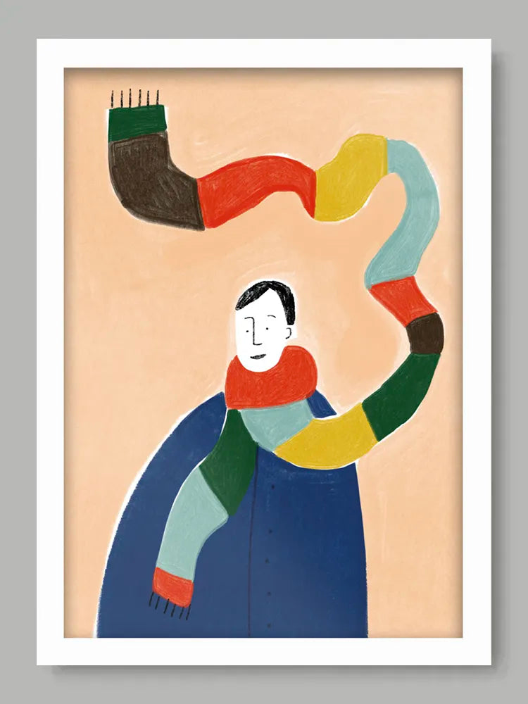 Abstract artwork of a person wearing a colorful scarf on a beige background