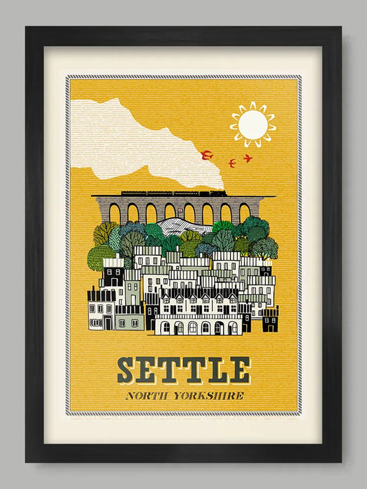 Settle - Poster Print. Celebrates the delightful Yorkshire town in the Dales. Featuring The Shambles, Castleberg Hill and the famous Carlisle to Settle railway.