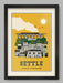 Settle - Poster Print. Celebrates the delightful Yorkshire town in the Dales. Featuring The Shambles, Castleberg Hill and the famous Carlisle to Settle railway.