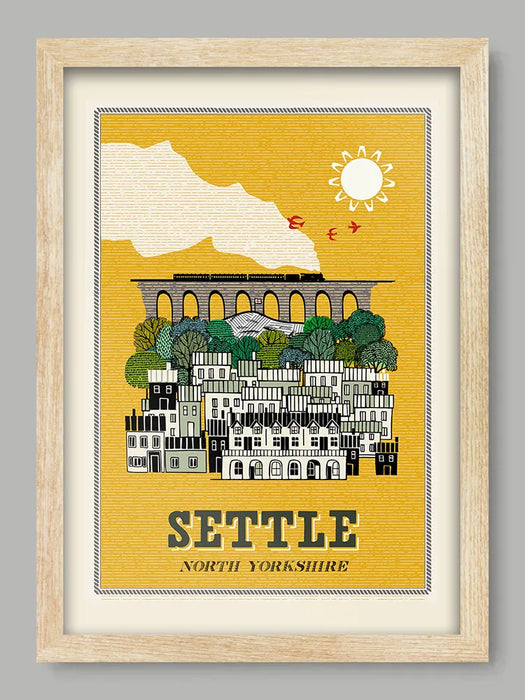 Settle - Poster Print. Celebrates the delightful Yorkshire town in the Dales. Featuring The Shambles, Castleberg Hill and the famous Carlisle to Settle railway.