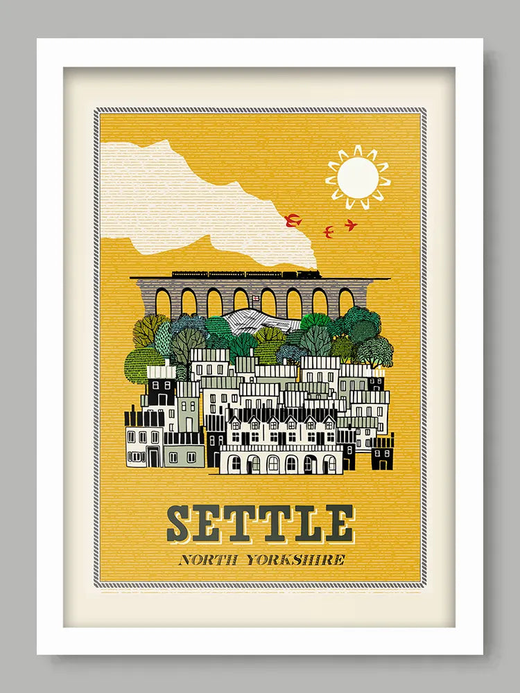 Settle - Poster Print. Celebrates the delightful Yorkshire town in the Dales. Featuring The Shambles, Castleberg Hill and the famous Carlisle to Settle railway.