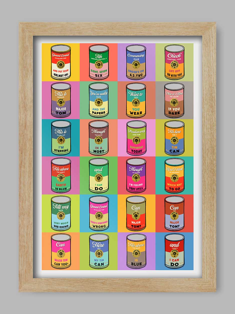 Sitting in a Tin Can - Music Poster Print. David Bowie Space Oddity lyrics styled to Andy warhol's soup can print