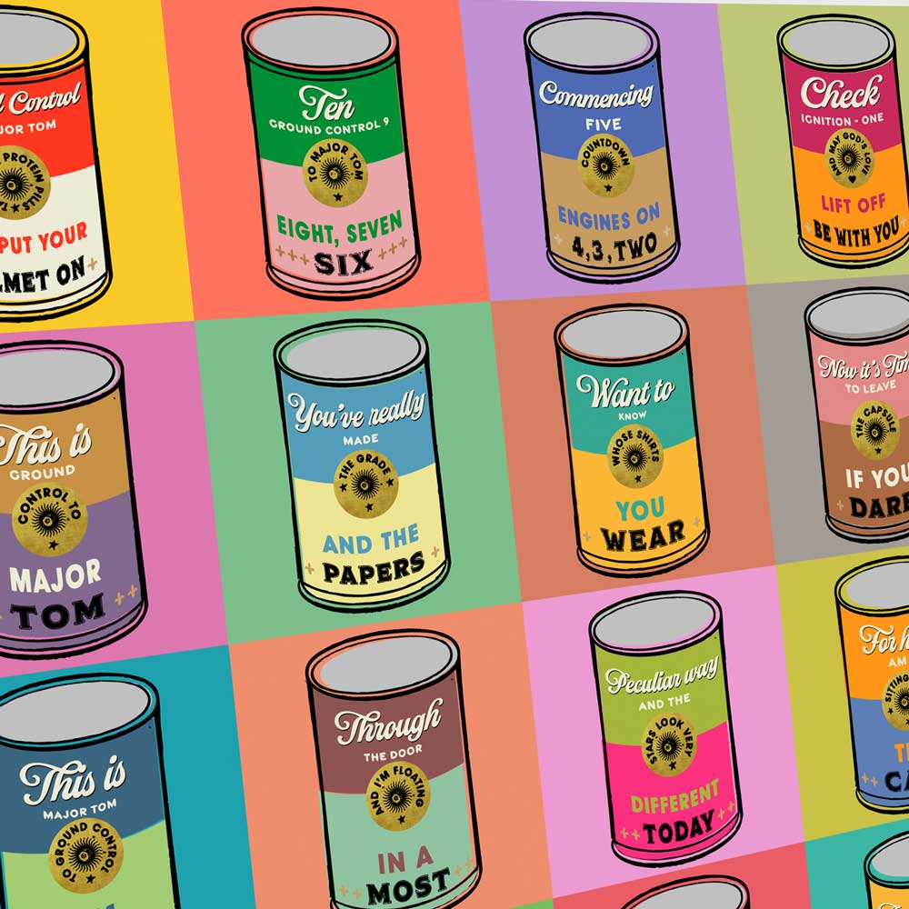 Sitting in a Tin Can - Music Poster Print. David Bowie Space Oddity lyrics styled to Andy warhol's soup can print