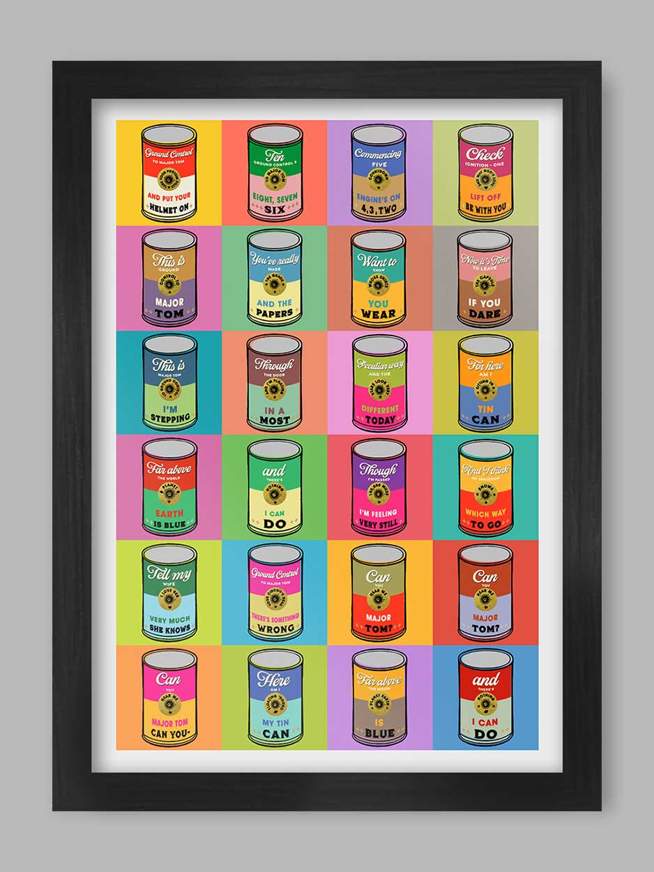 Sitting in a Tin Can - Music Poster Print. David Bowie Space Oddity lyrics styled to Andy warhol's soup can print