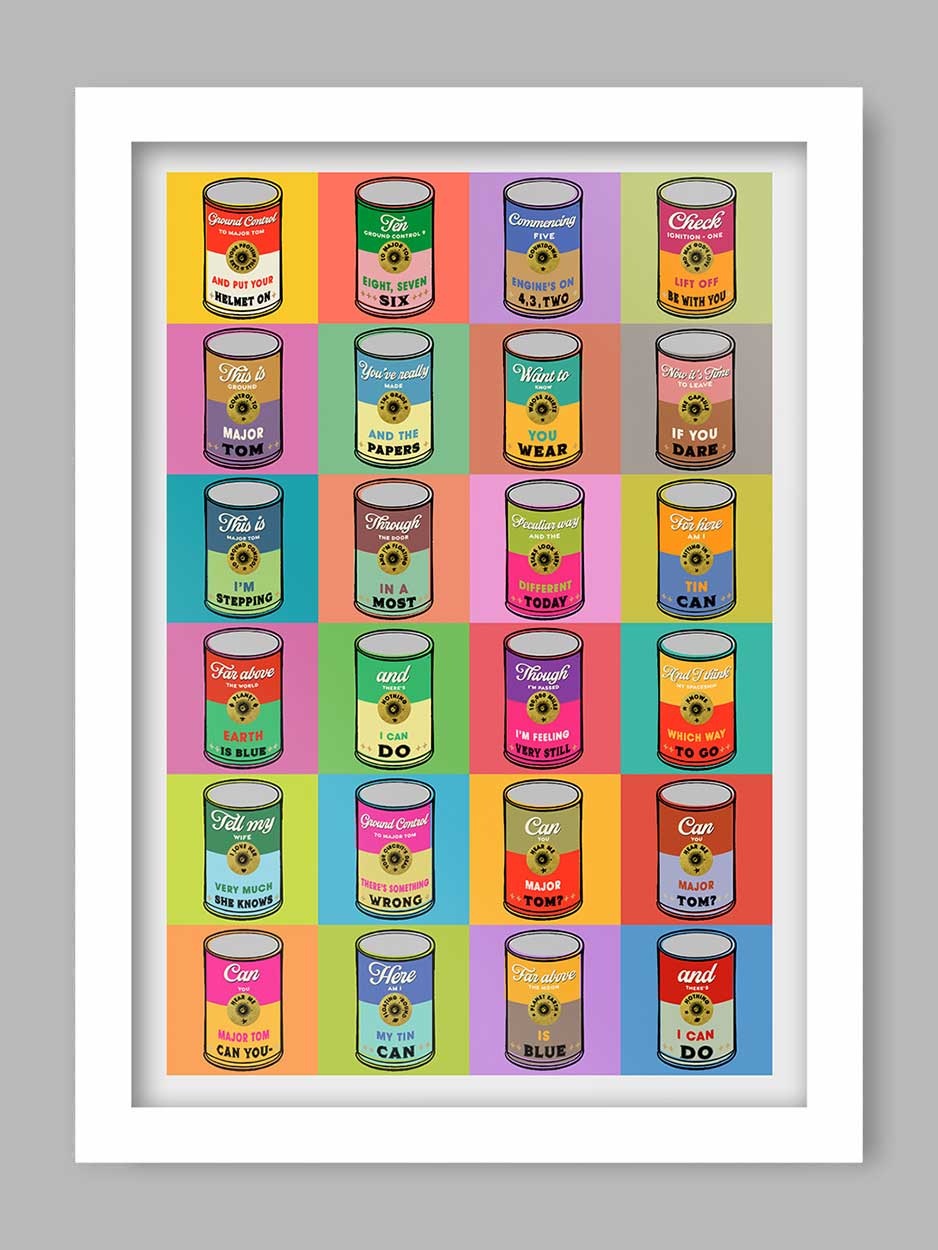 Sitting in a Tin Can - Music Poster Print. David Bowie Space Oddity lyrics styled to Andy warhol's soup can print
