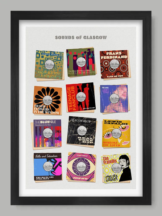 Sounds of Glasgow - Music Poster Print. Some of Glasgow's best known bands celebrated as 7 inch vinyl record covers, re-imagined and designed by The Northern Line.