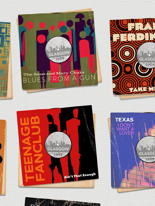 Sounds of Glasgow - Music Poster Print. Some of Glasgow's best known bands celebrated as 7 inch vinyl record covers, re-imagined and designed by The Northern Line.