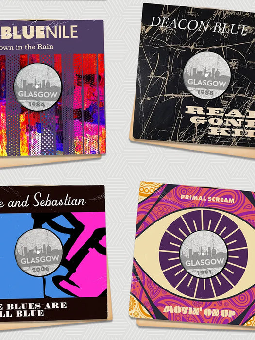 Sounds of Glasgow - Music Poster Print. Some of Glasgow's best known bands celebrated as 7 inch vinyl record covers, re-imagined and designed by The Northern Line.