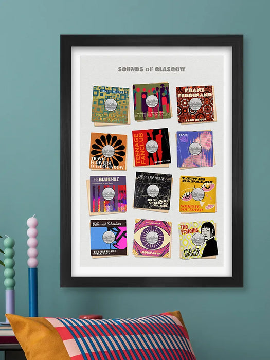 Sounds of Glasgow - Music Poster Print. Some of Glasgow's best known bands celebrated as 7 inch vinyl record covers, re-imagined and designed by The Northern Line.