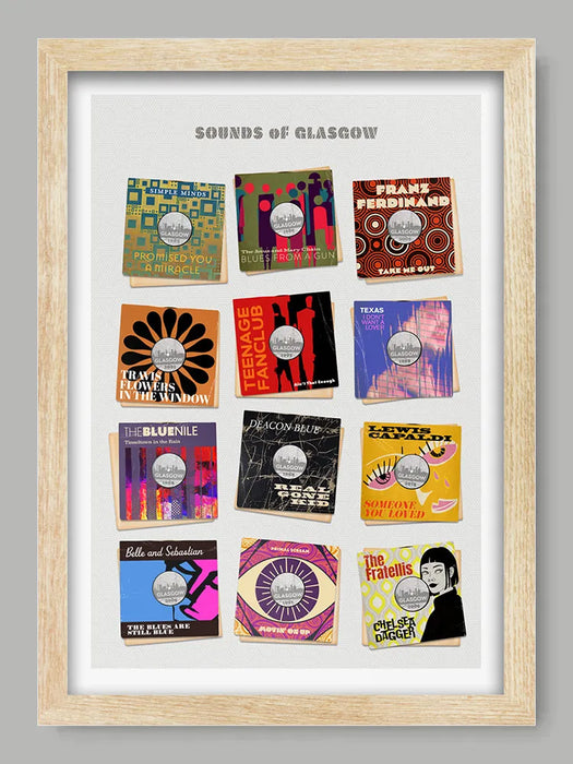 Sounds of Glasgow - Music Poster Print. Some of Glasgow's best known bands celebrated as 7 inch vinyl record covers, re-imagined and designed by The Northern Line.