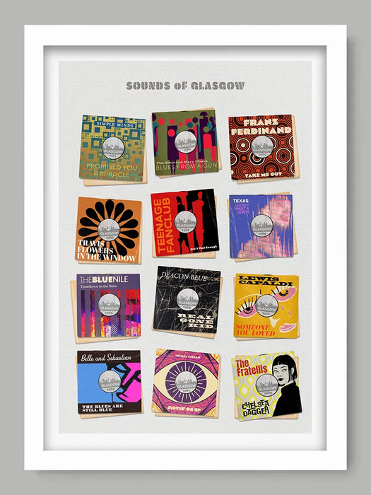 Sounds of Glasgow - Music Poster Print. Some of Glasgow's best known bands celebrated as 7 inch vinyl record covers, re-imagined and designed by The Northern Line.