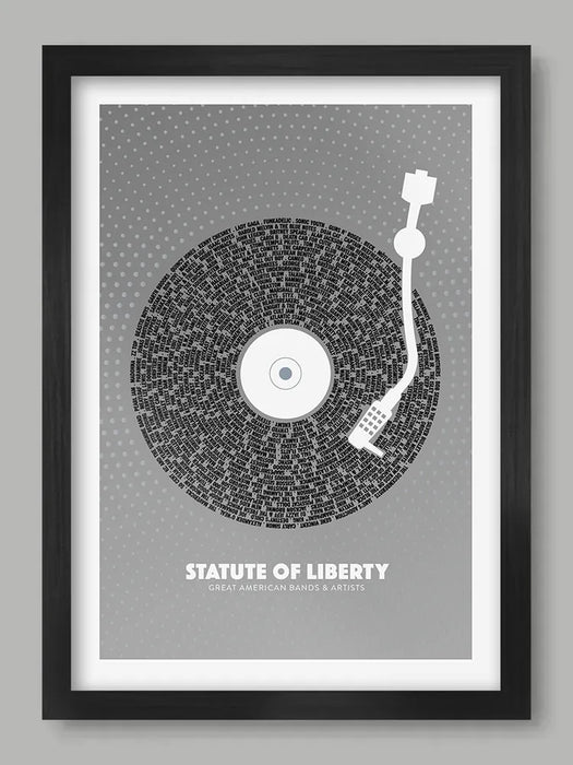 American musicians and bands poster. Statute of Liberty features great U.S musicians and bands styled as a record and vinyl turntable