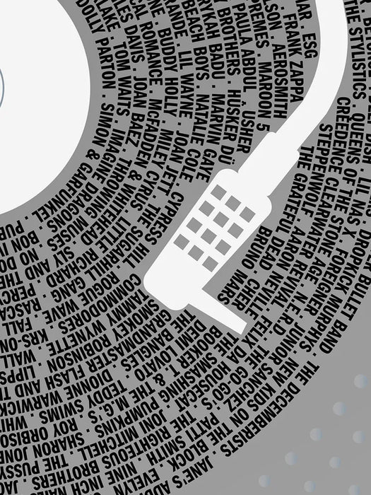 American musicians and bands poster. Statute of Liberty features great U.S musicians and bands styled as a record and vinyl turntable.