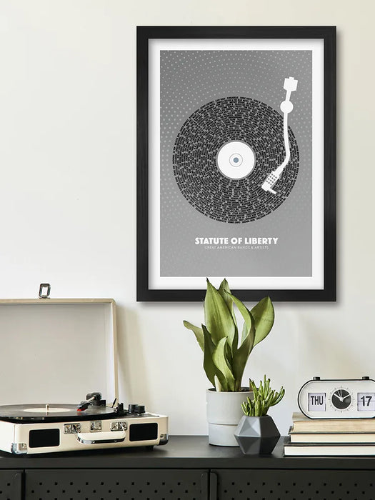 American musicians and bands poster. Statute of Liberty features great U.S musicians and bands styled as a record and vinyl turntable.