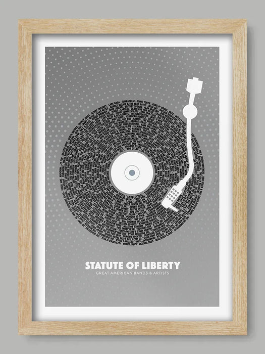 American musicians and bands poster. Statute of Liberty features great U.S musicians and bands styled as a record and vinyl turntable.