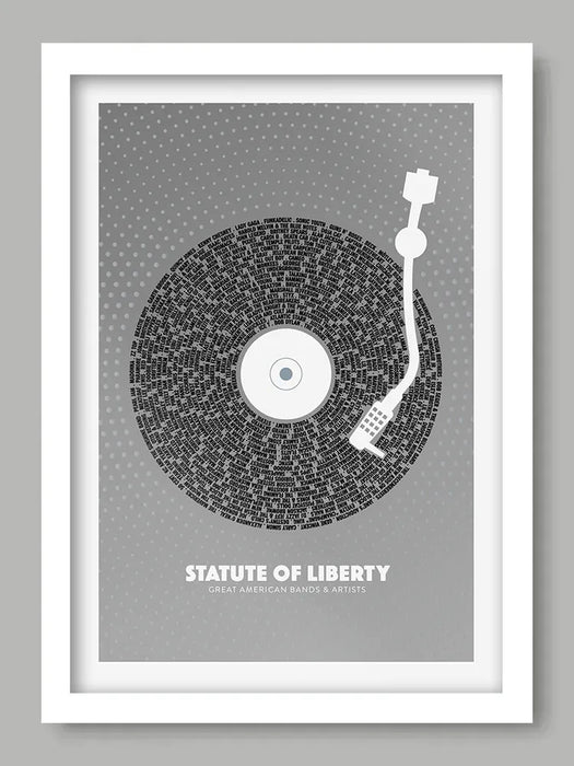 American musicians and bands poster. Statute of Liberty features great U.S musicians and bands styled as a record and vinyl turntable.