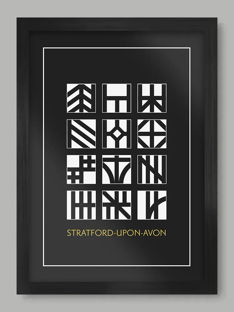 Stratford-upon-Avon Poster Print is a modernist/geometric design in the style of the famous hall timbered houses that populate the town, including Shakespeare's birthplace on Henley Street.